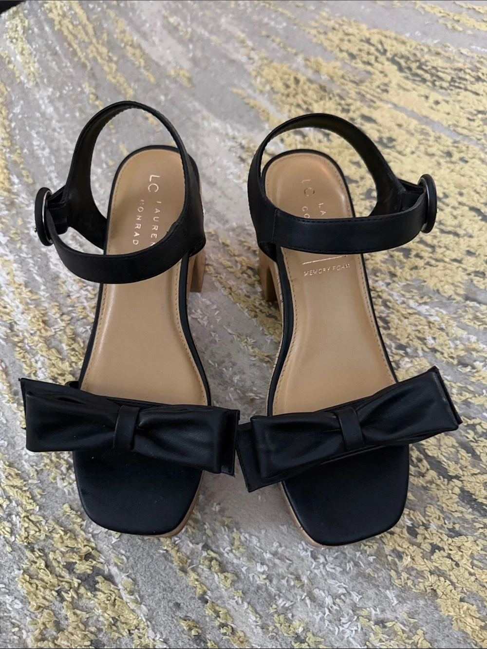 LC Lauren Conrad Black Leather Bow Cork Platform Sandals